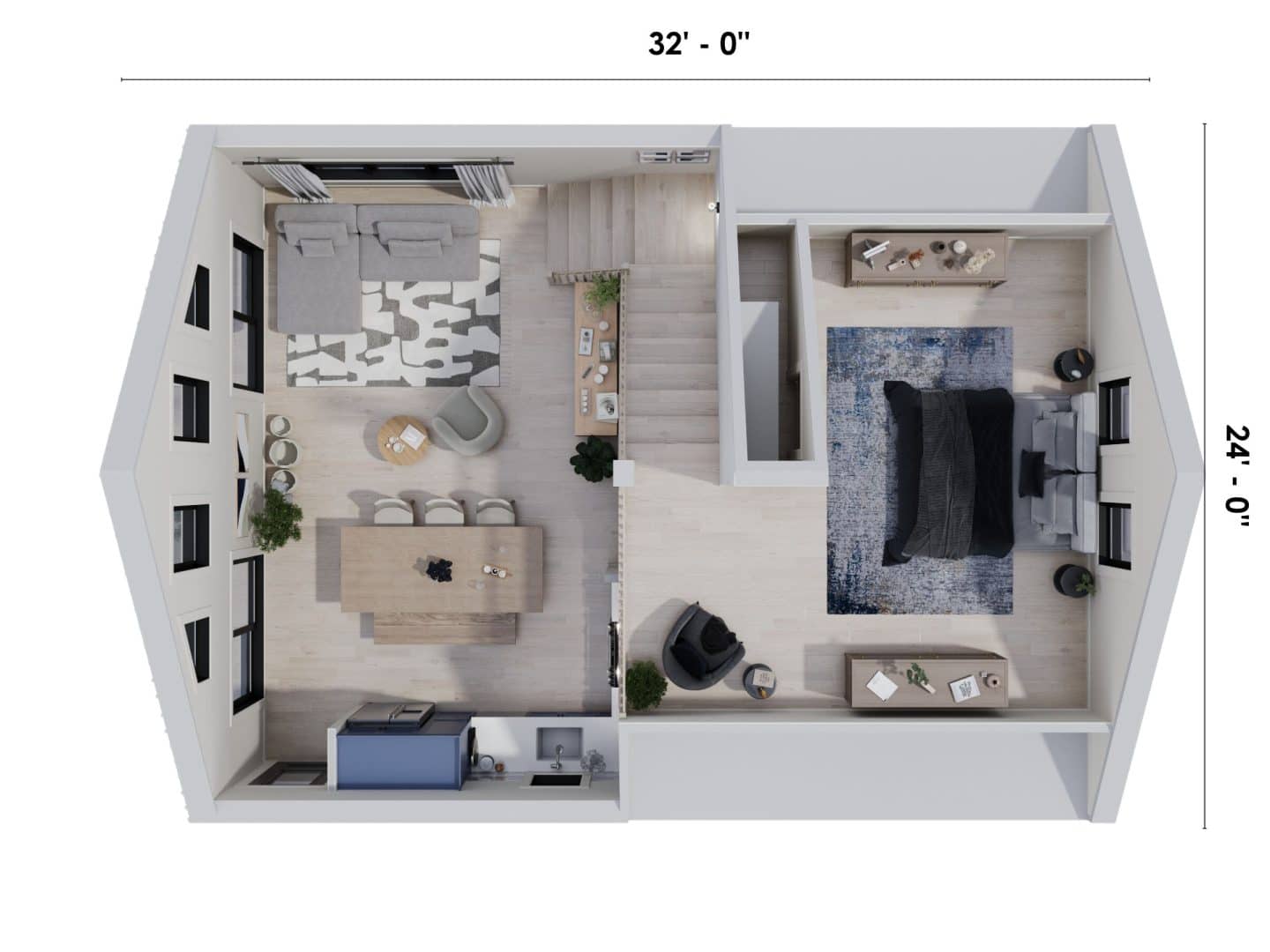 The Mésange model is a classically styled chalet. View from the second floor.