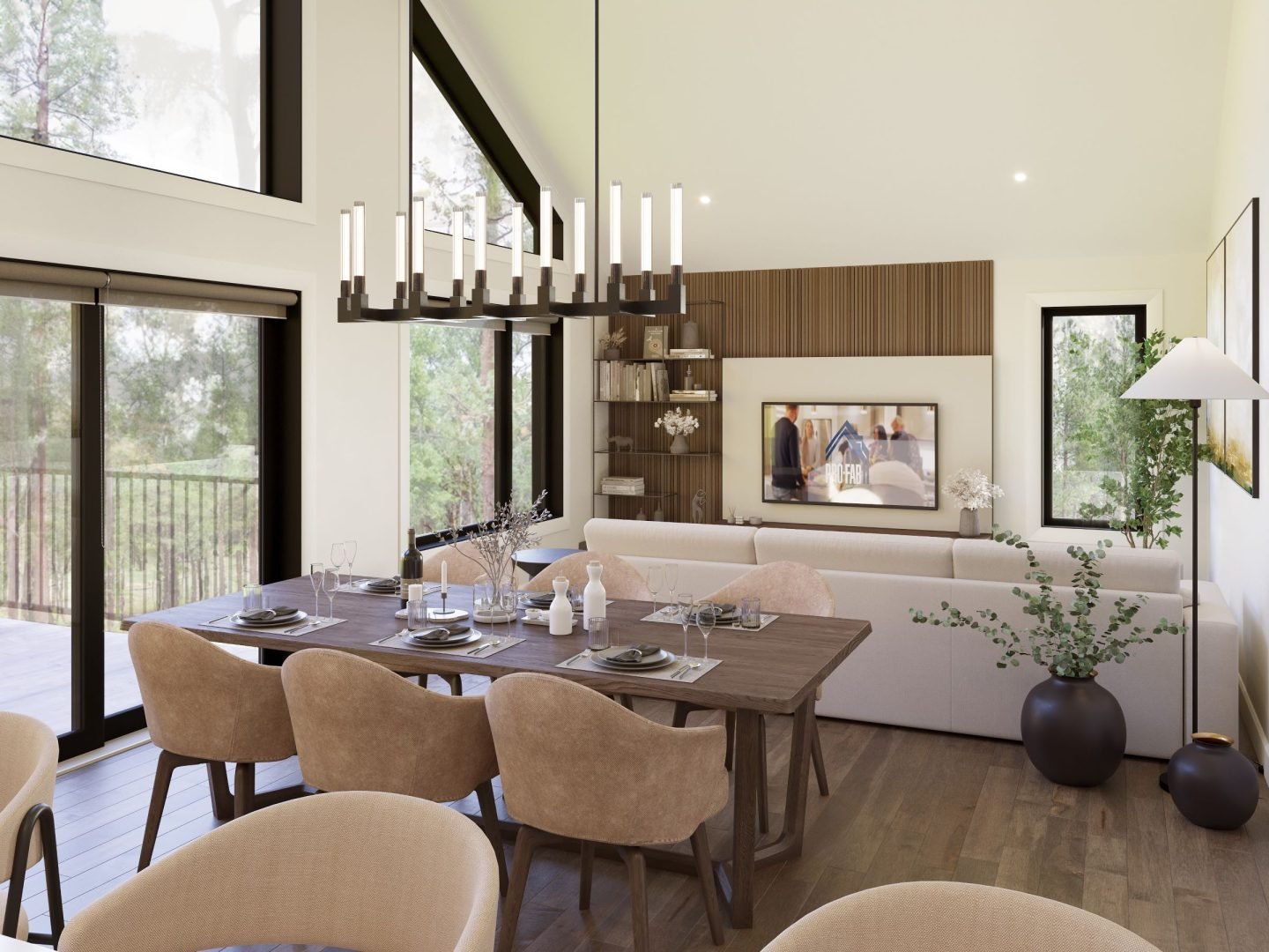 The Pacha model is a single-storey farmhouse. View from the living room.