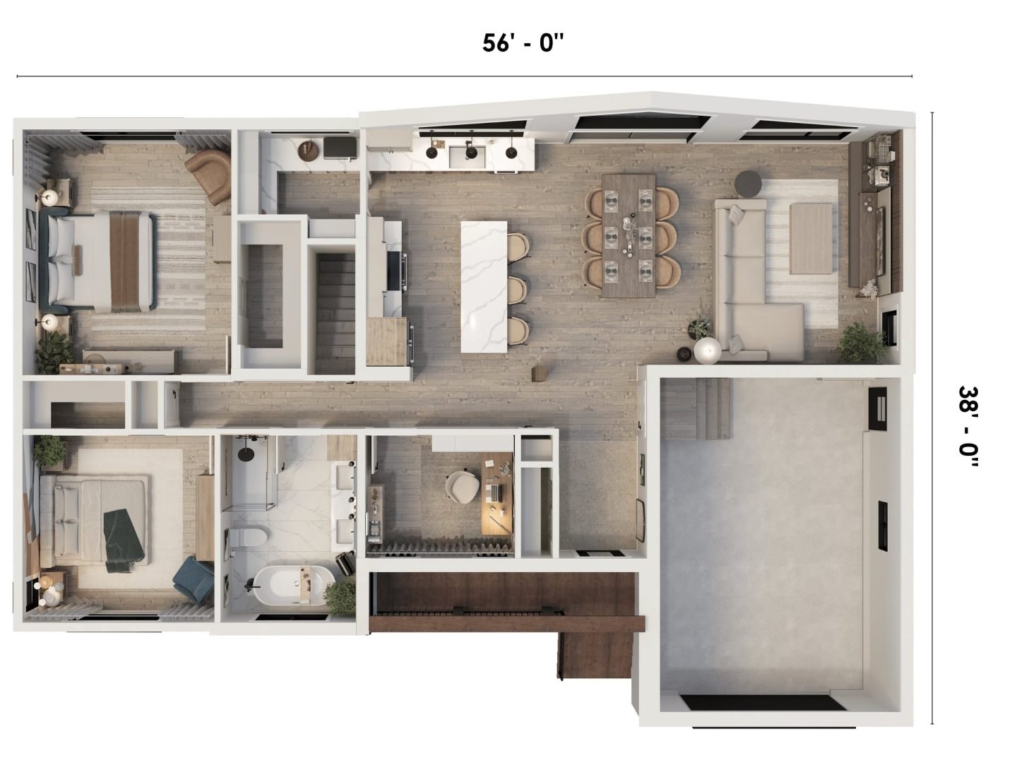 Le modèle Pacha est une maison de plain-pied de type farmhouse. Vue du plan en 3D