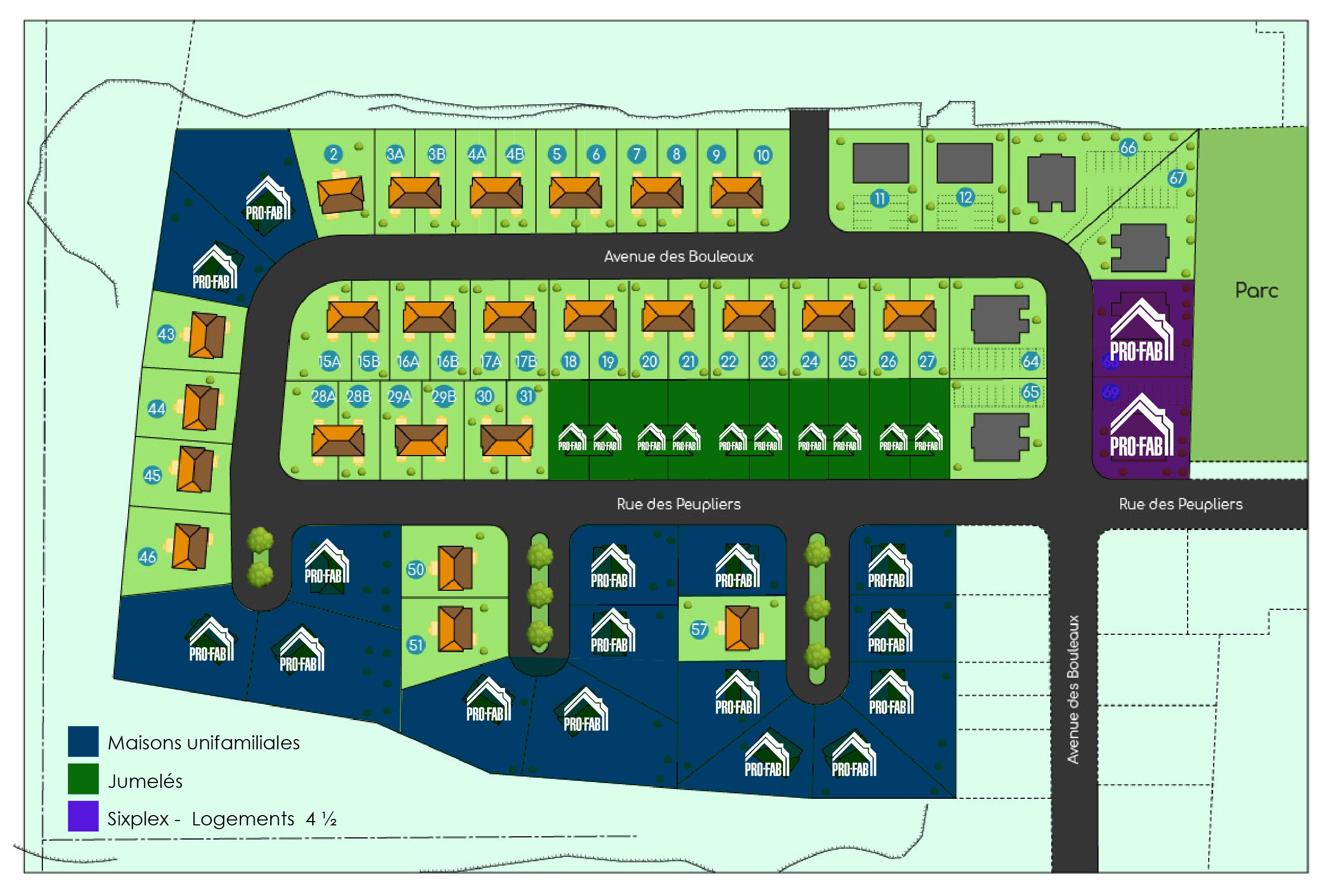 Plan des terrains disponible a l'achat pour la construction d'une maison préfabriquée.