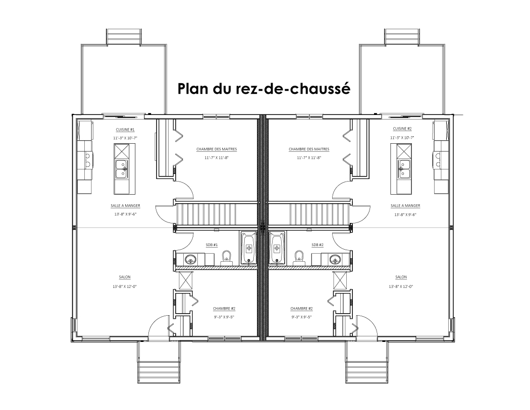 Jumelé / bi-génération préfabriquée plain-pied du modèle Magistral de style contemporain. Plan du rez-de-chaussé.