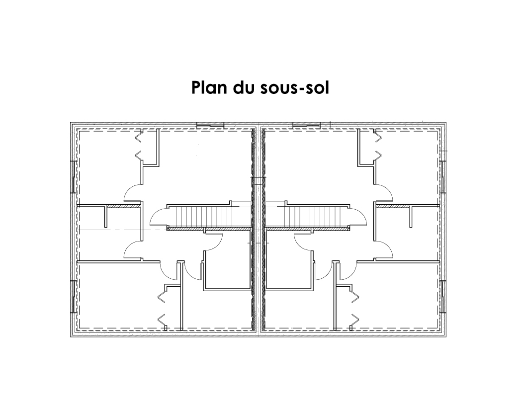 Jumelé / bi-génération préfabriquée plain-pied du modèle Magistral de style contemporain. Plan du sous-sol.