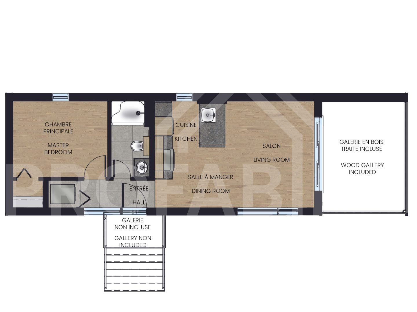 Eldorado model, a single-storey chalet in modern style. 2D plan view