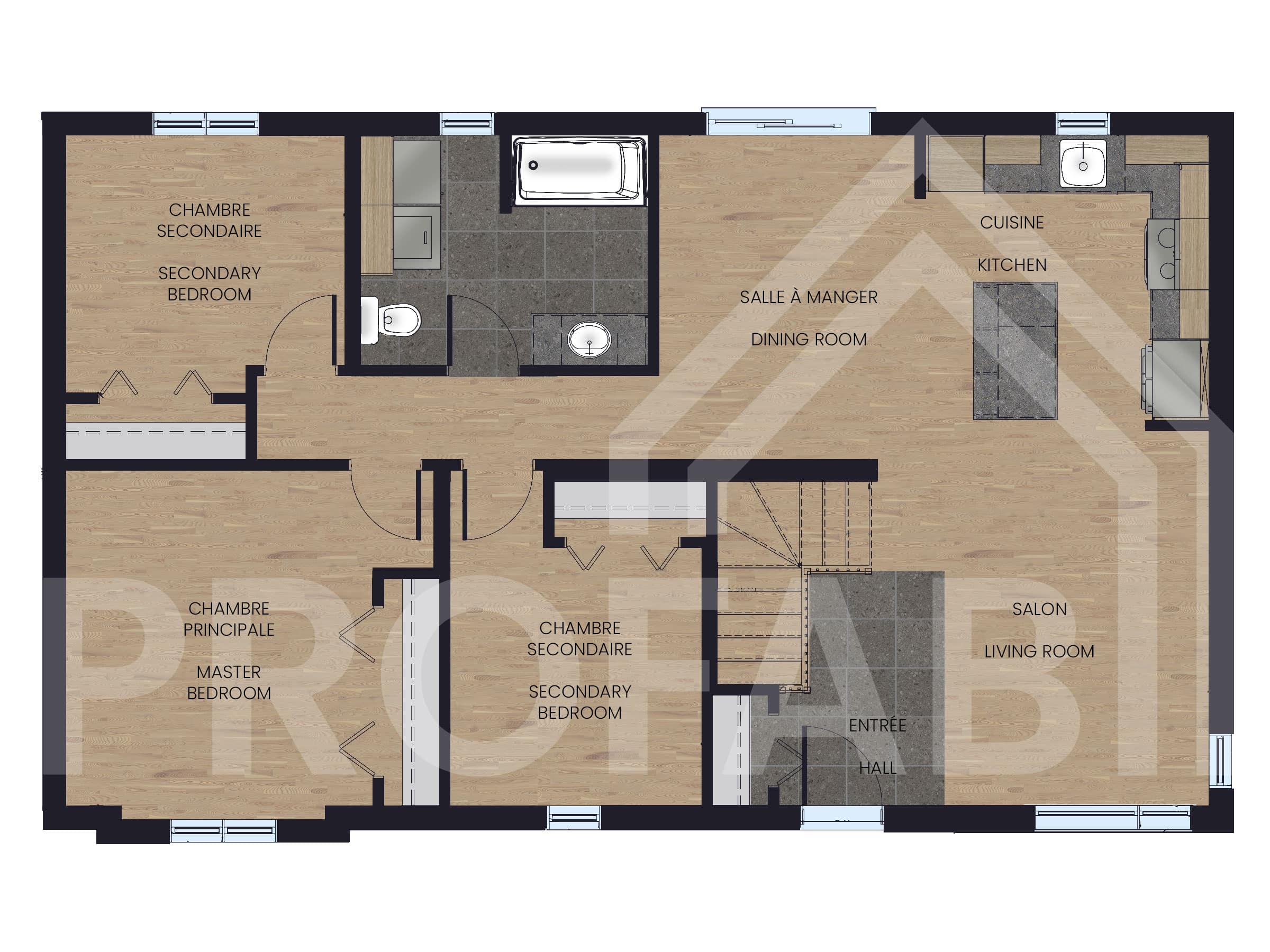 Modèle Kapaz, une maison de plain-pied de style contemporain. Vue du plan 2D