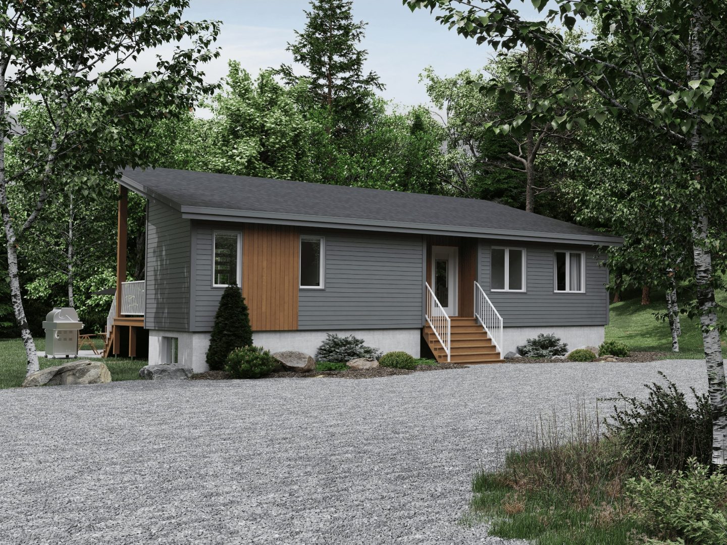 Alizé model, a modern-style chalet. View of the front exterior.
