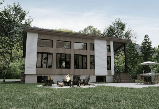 Modèle Alizé, un chalet de style moderne. Vu de la devanture extérieur arrière