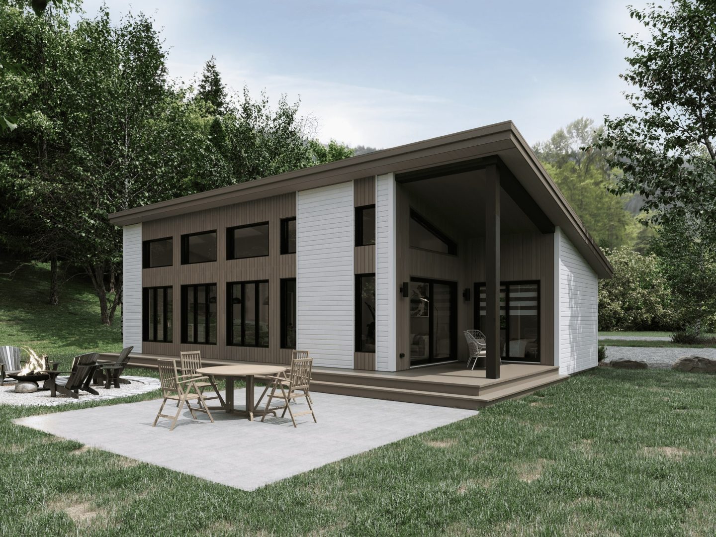 Alizé model, a modern-style chalet. View of the rear exterior