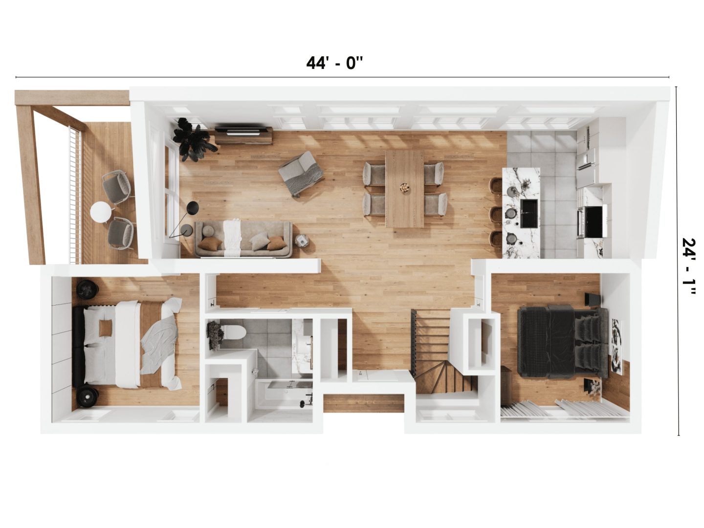 Modèle Alizé, un chalet de style moderne, devanture vu du plan en 3D avec mesure.