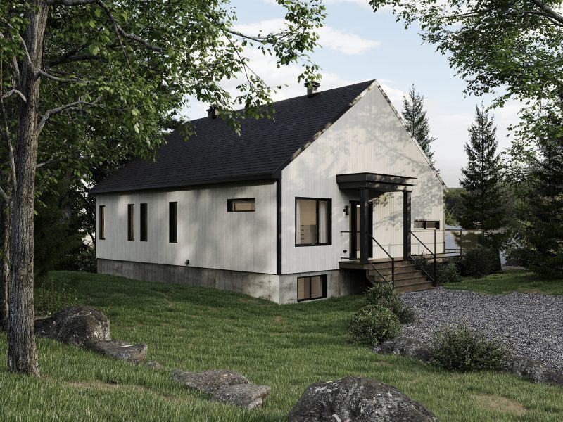 Modèle Belvédère, une maison plain pied style contemporain. Vu de la devanture derrière extérieur.