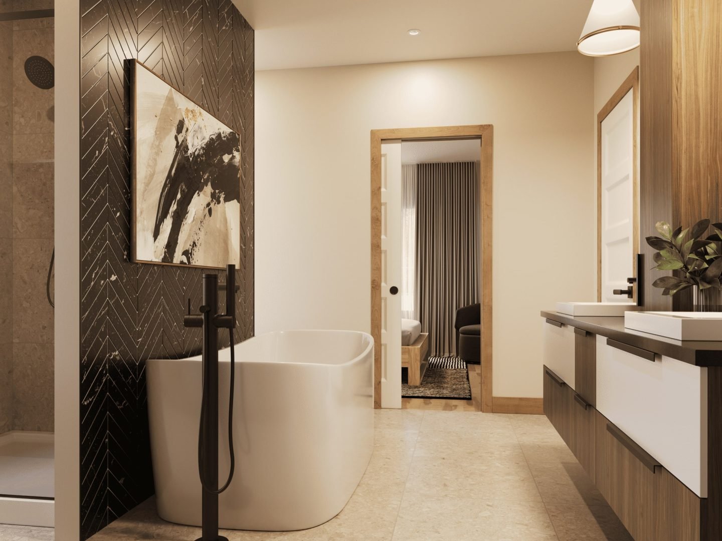 Modèle Belvédère, une maison plain pied style contemporain. Vu de la salle de bain.