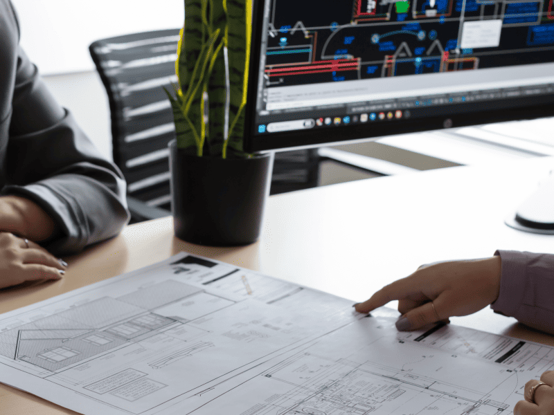 Two women looking at the house plan of a prefabricated house and its characteristics