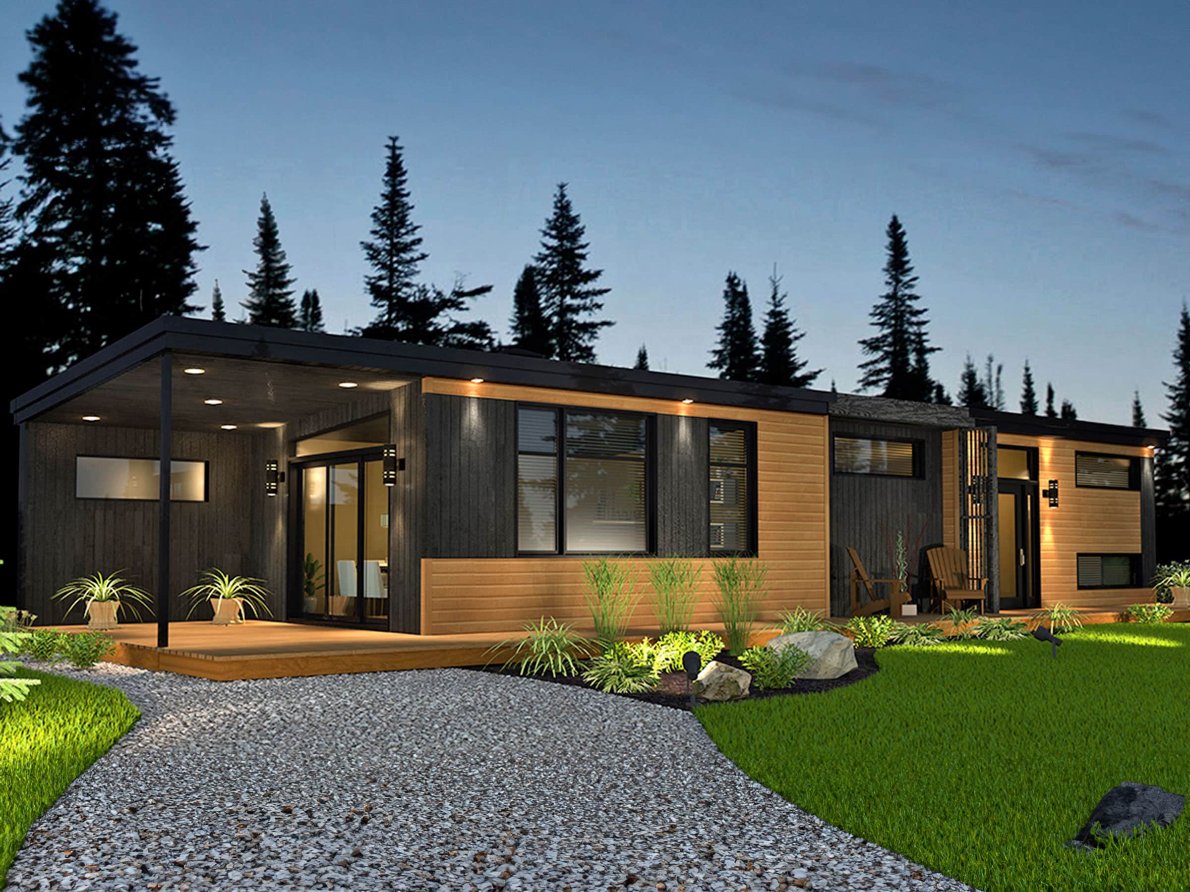 Kalla model, a single-storey chalet in modern style. Exterior view