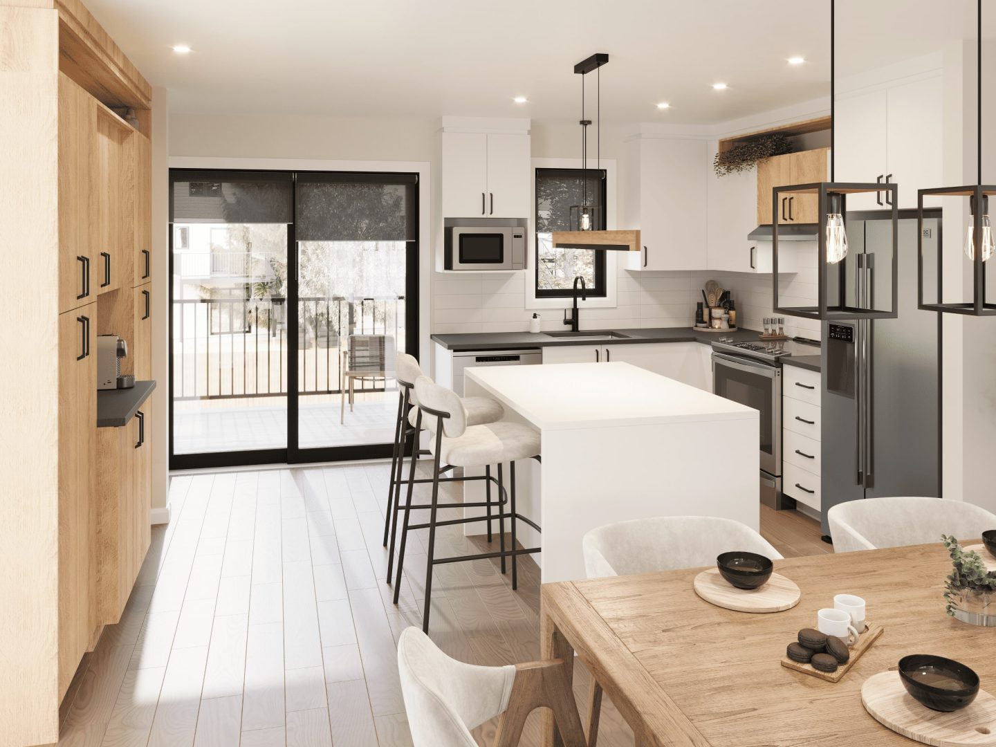 The Onesto model is a single-story townhouse in contemporary style. View from the kitchen.