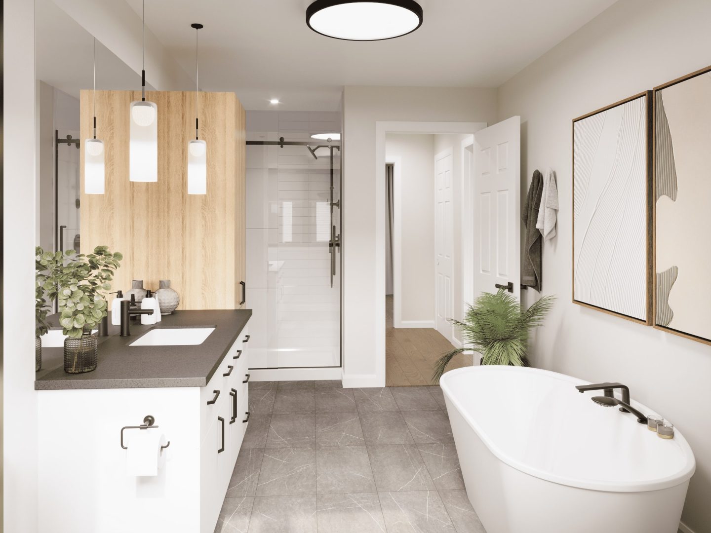 The Onesto model is a single-story townhouse in contemporary style. View of the bathroom.