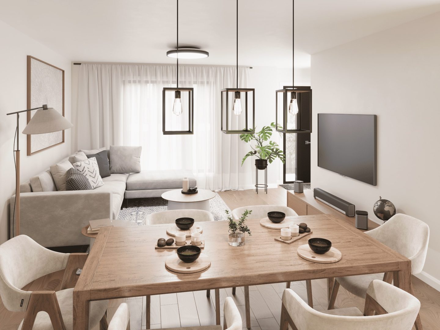 The Onesto model is a single-story townhouse in contemporary style. View from the living room.