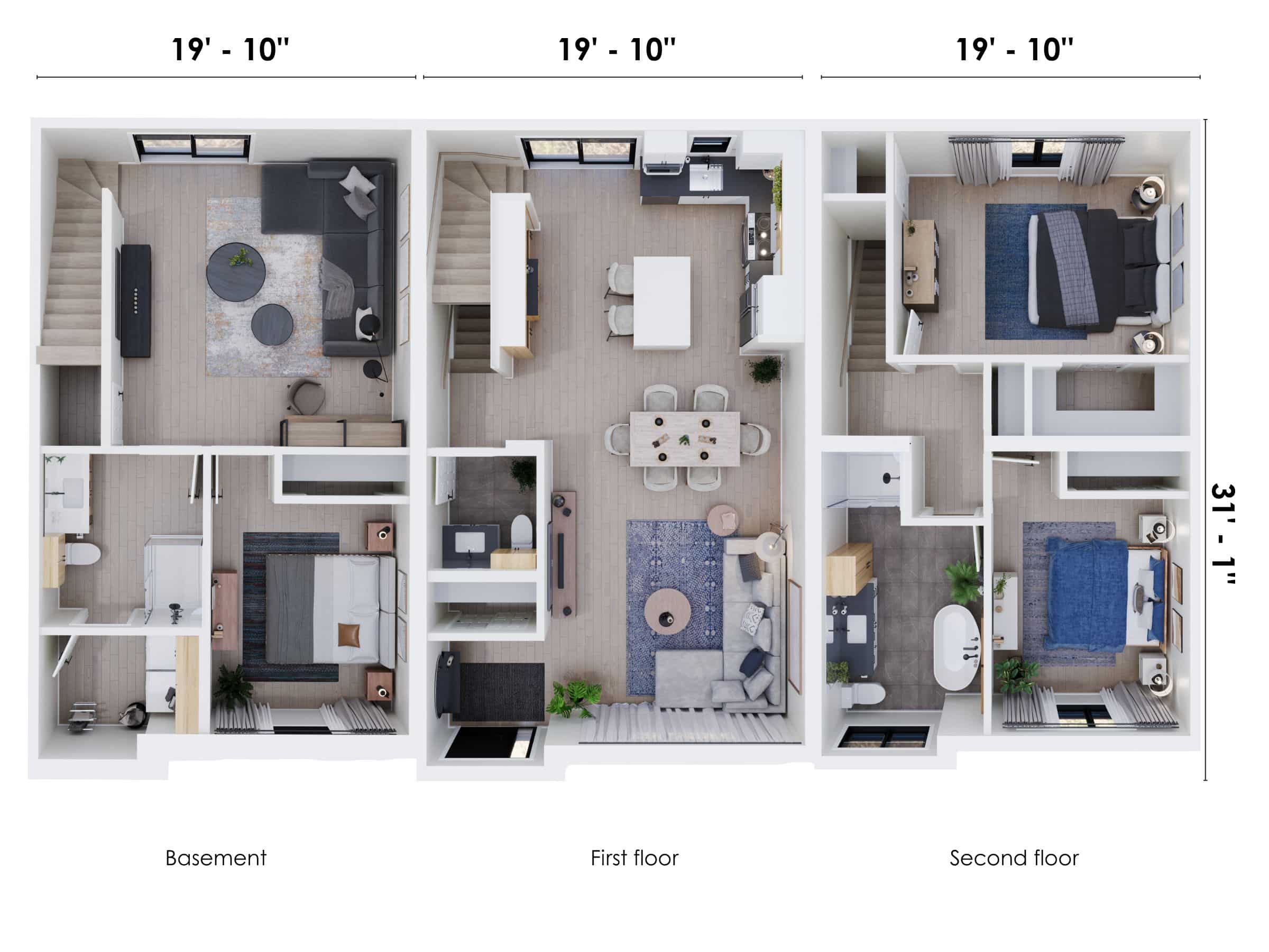 The Onesto model is a single-story townhouse in contemporary style. 3D view of the three-storey floor plan