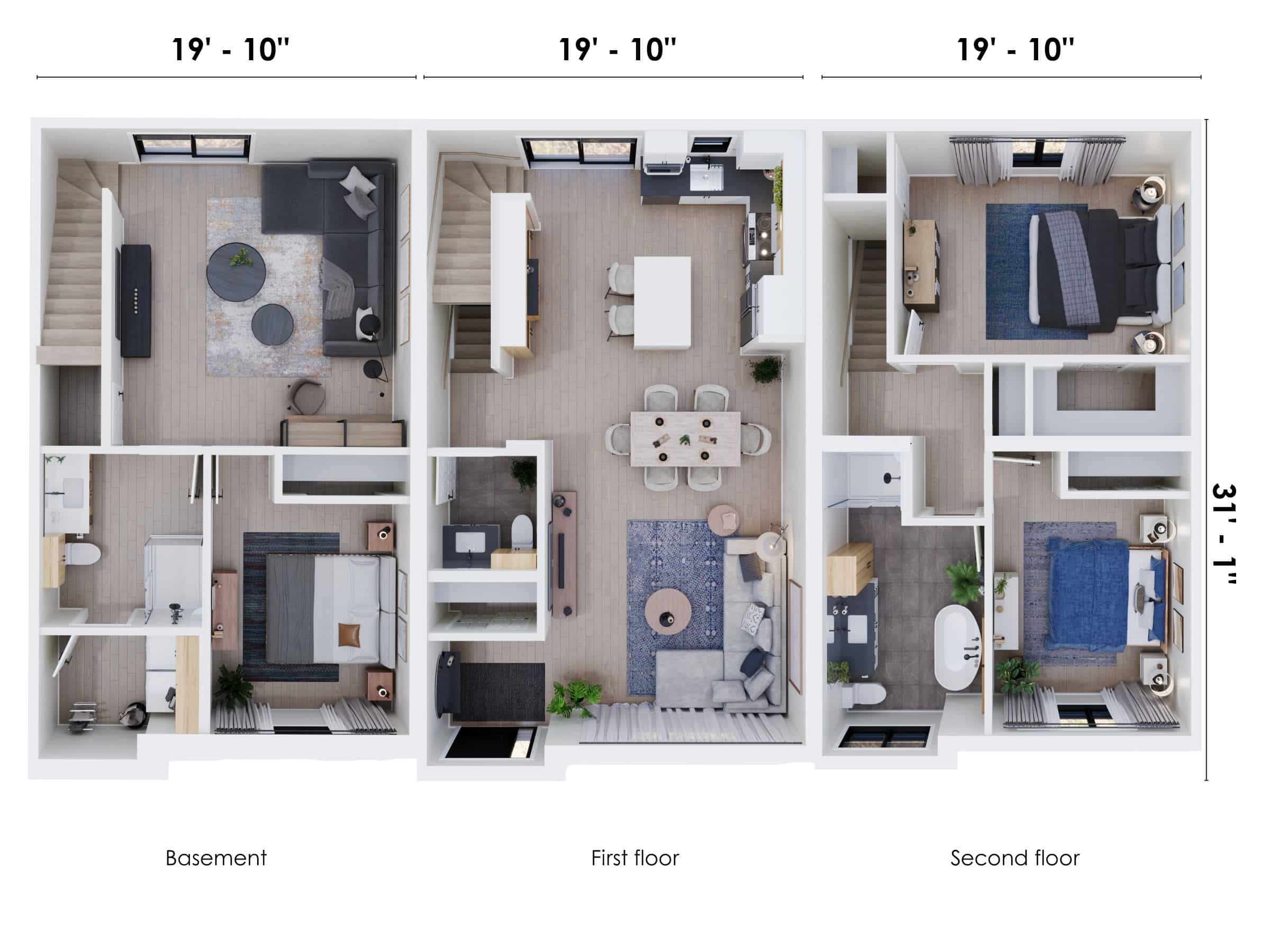 The Onesto model is a single-story townhouse in contemporary style. 3D view of the three-storey floor plan