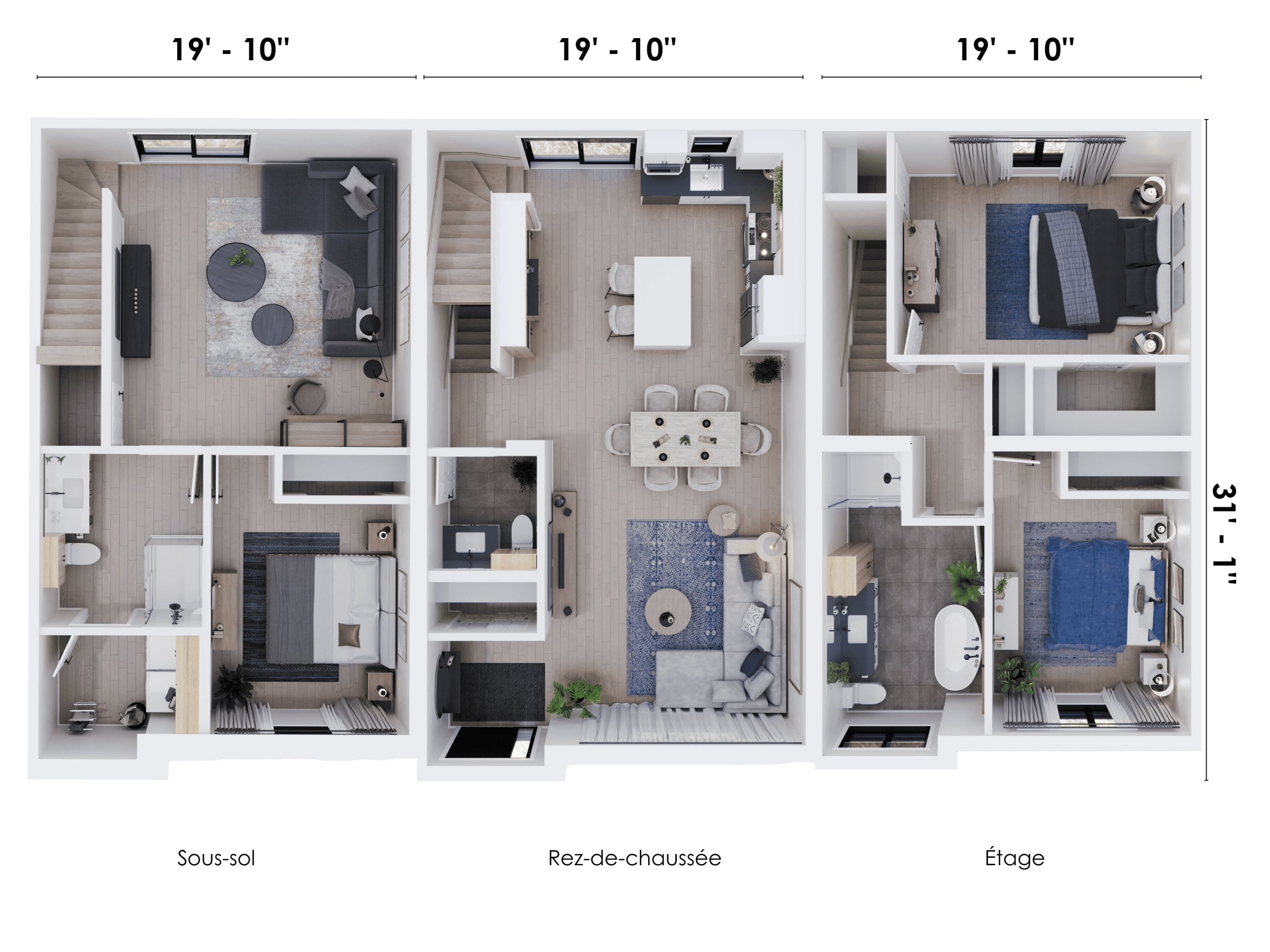 Le modèle Onesto est une maison de ville de plain-pied de stype contemporain. Vue du plan des trois etages en 3D