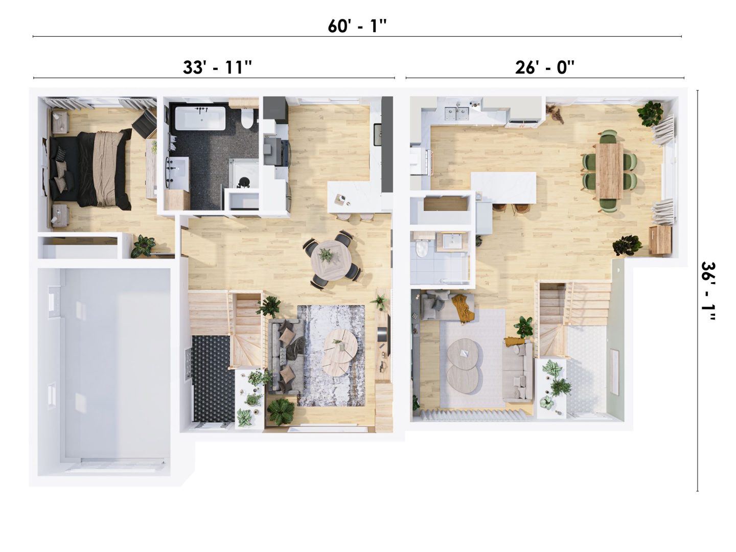 Modèle de jumelé nommé Strass, des maisons qui peu être bi générationnel de style contemporain. Vue du plan 3D.