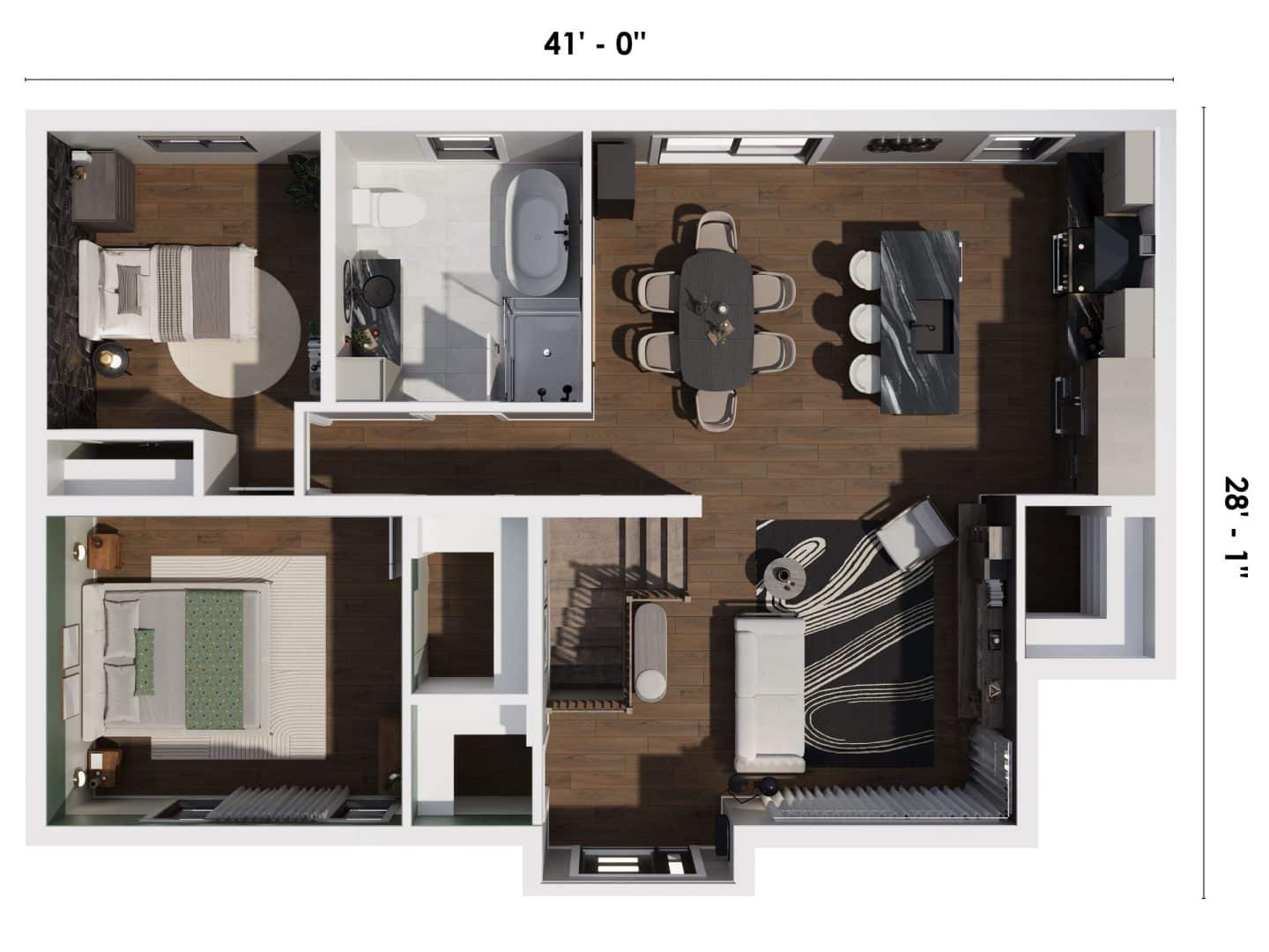 Modèle Urbanova, une maison de plain-pied de style traditionnelle contemporain. Vue du plan 3D