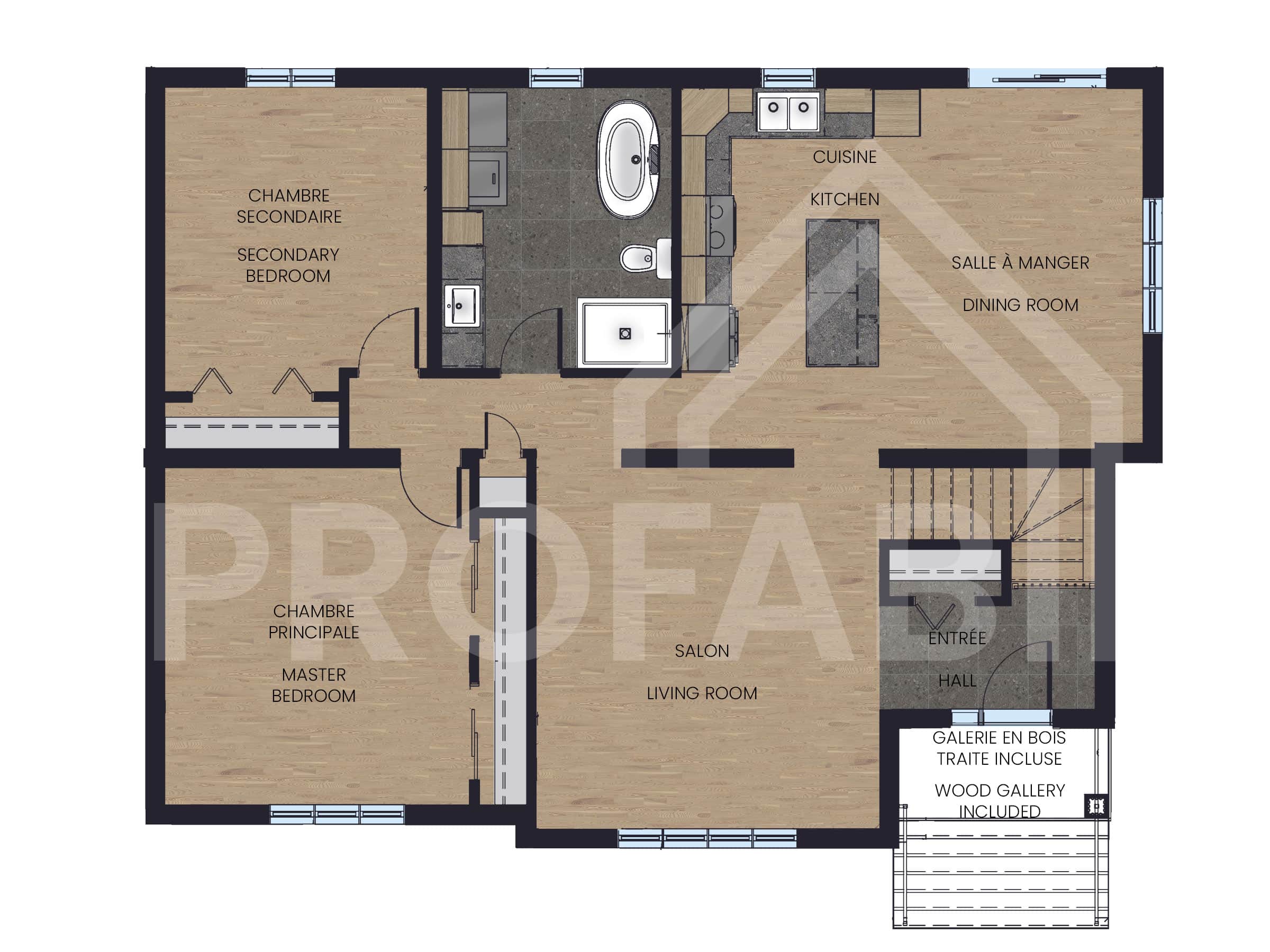 Modèle Distinguée est une maison plain-pied de style contemporain . Vue du plan 2D.