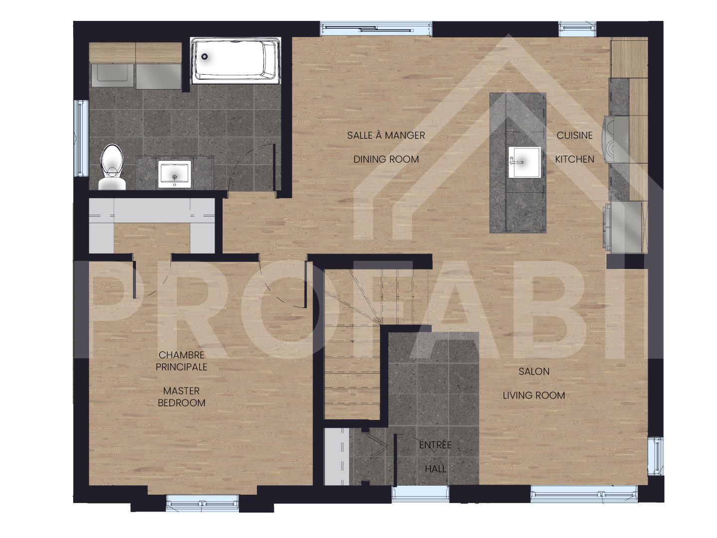 Primera model, a single-storey house in contemporary style. 2D plan view