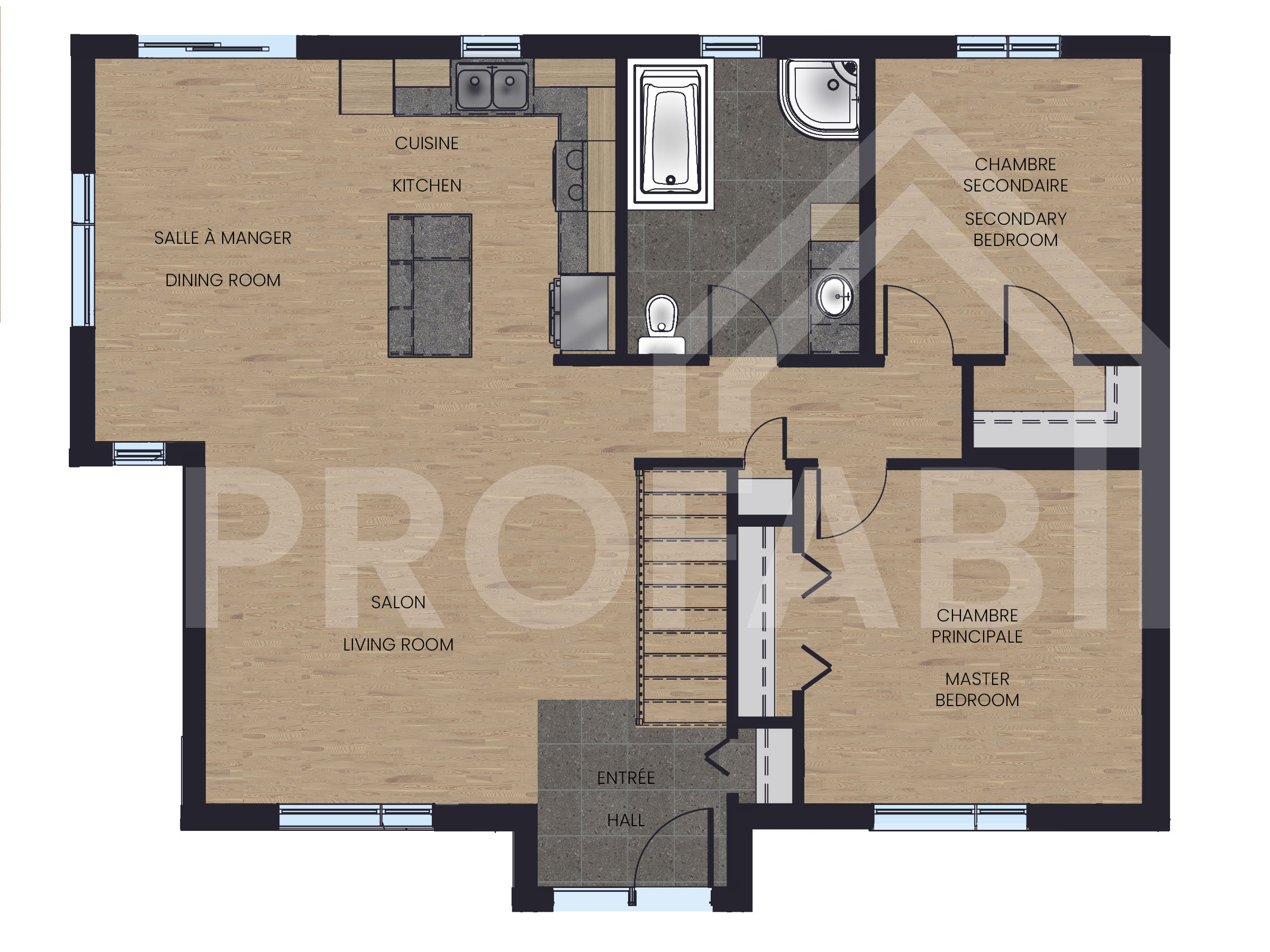 Modèle Cassia est une maison plain-pied de style Farmhouse . Vue du plan en 2D