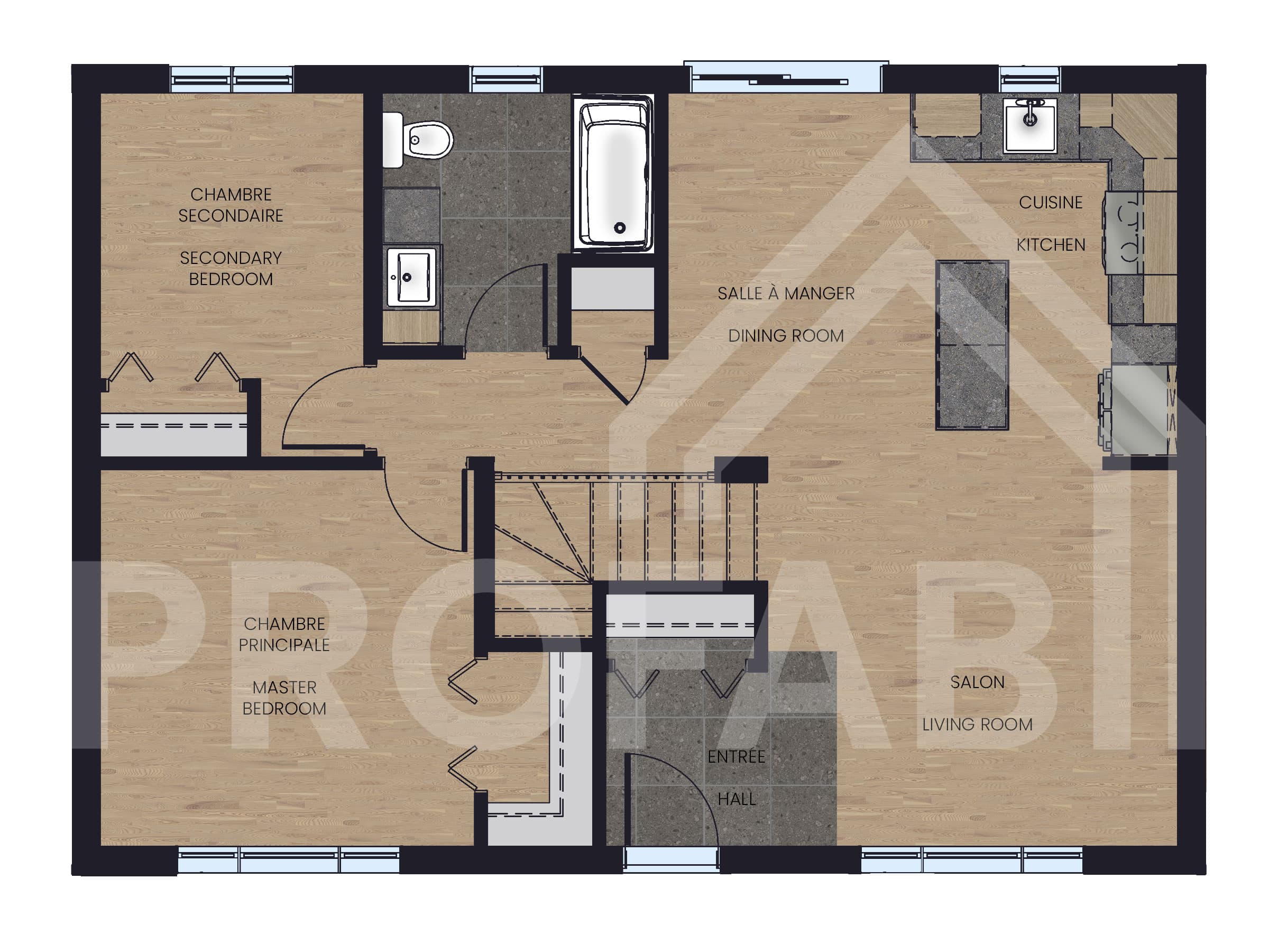 Model Sopo is a single-story Farmhouse style home. View from outside.