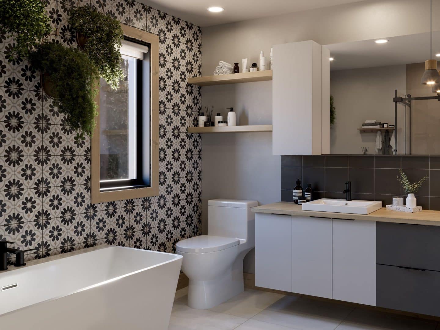 Bastida model, a Scandinavian-style chalet. View of the bathroom.