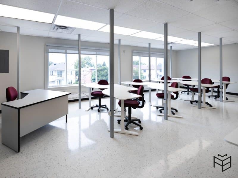 Modular school, seen from a classroom, created by the AMB company