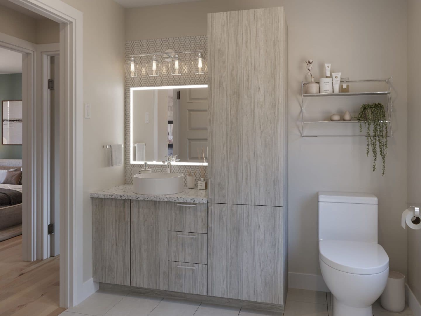 Modèle Sopo is a single-storey contemporary home. View of the bathroom.