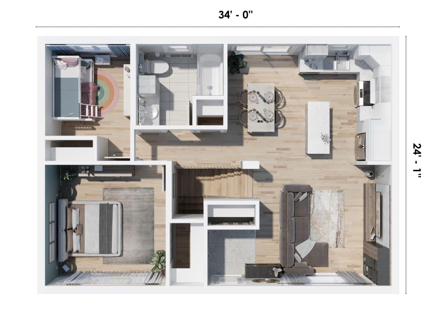 Modèle Sopo is a single-storey house in a contemporary style. 3D plan view.