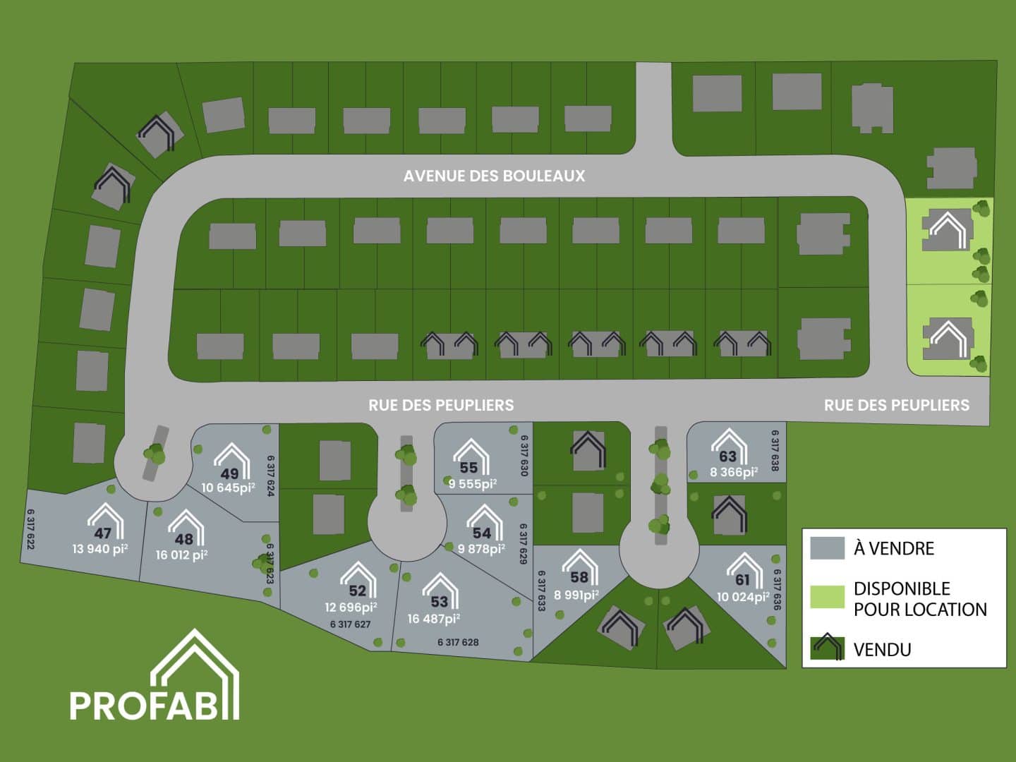 2D plan of Vallée jonction subdivision. Vacant lot number 63 for sale.