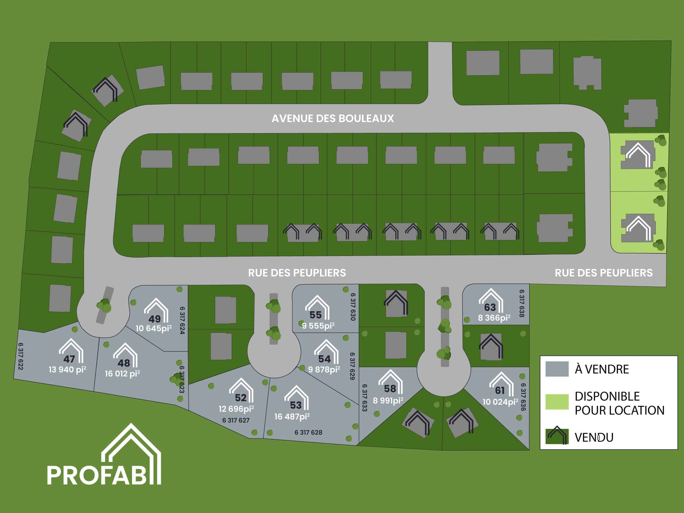 2D plan of Vallée jonction subdivision. Vacant lot number 63 for sale.