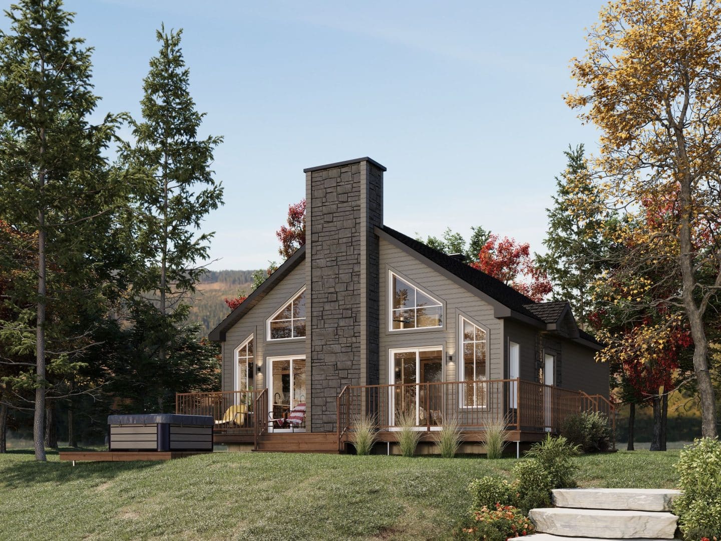 Harfang home model, a single-story chalet in classic style. View from outside.