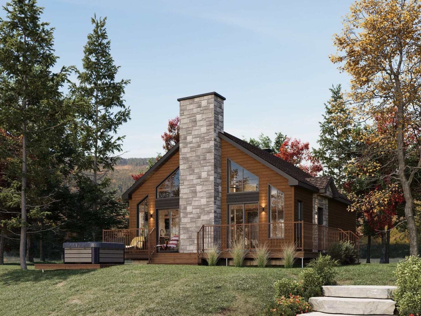 Harfang home model, a single-story chalet in classic style. View from outside.