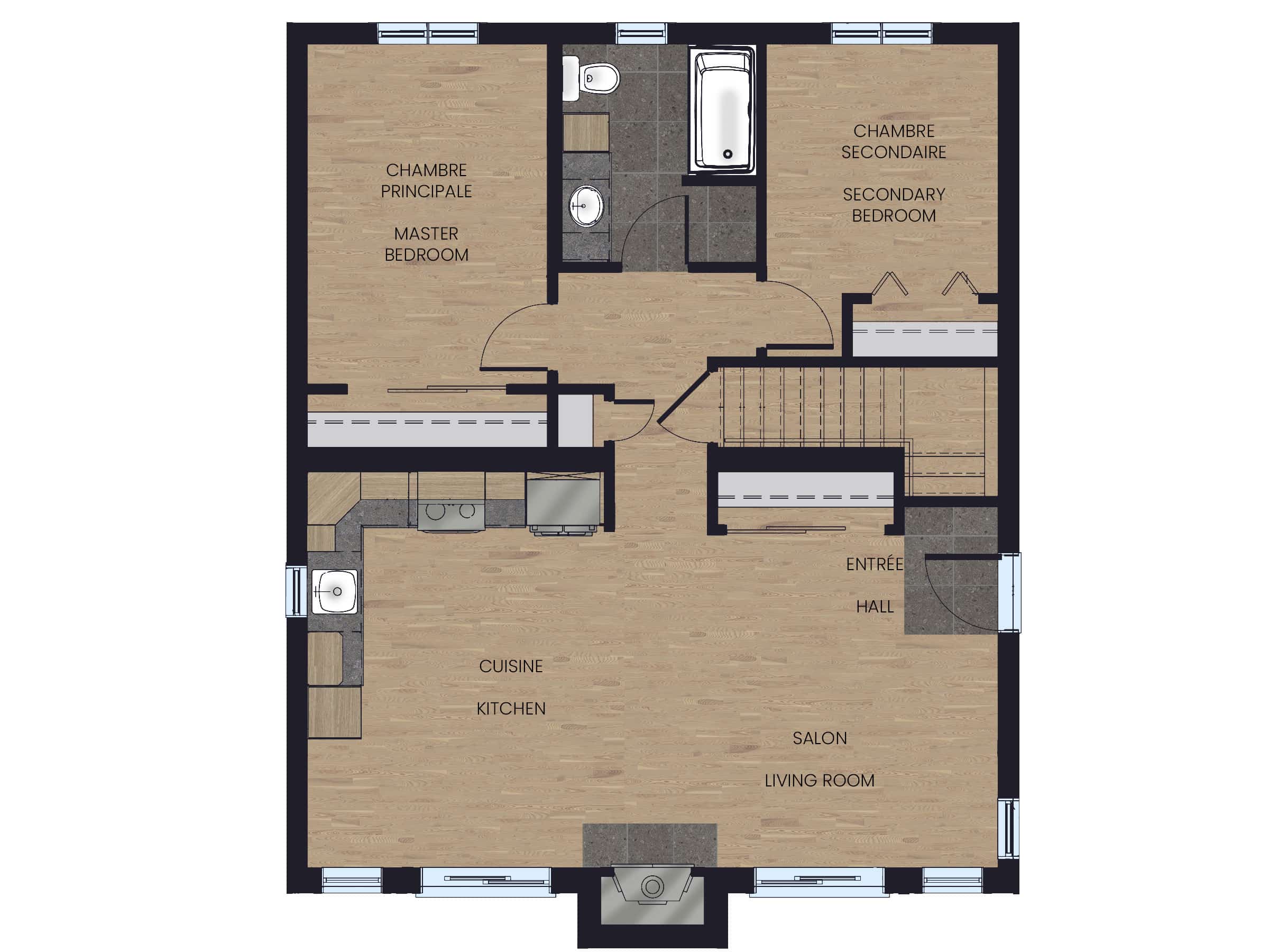 Harfang home model, a single-story chalet in classic style. Top view of 2D plan.