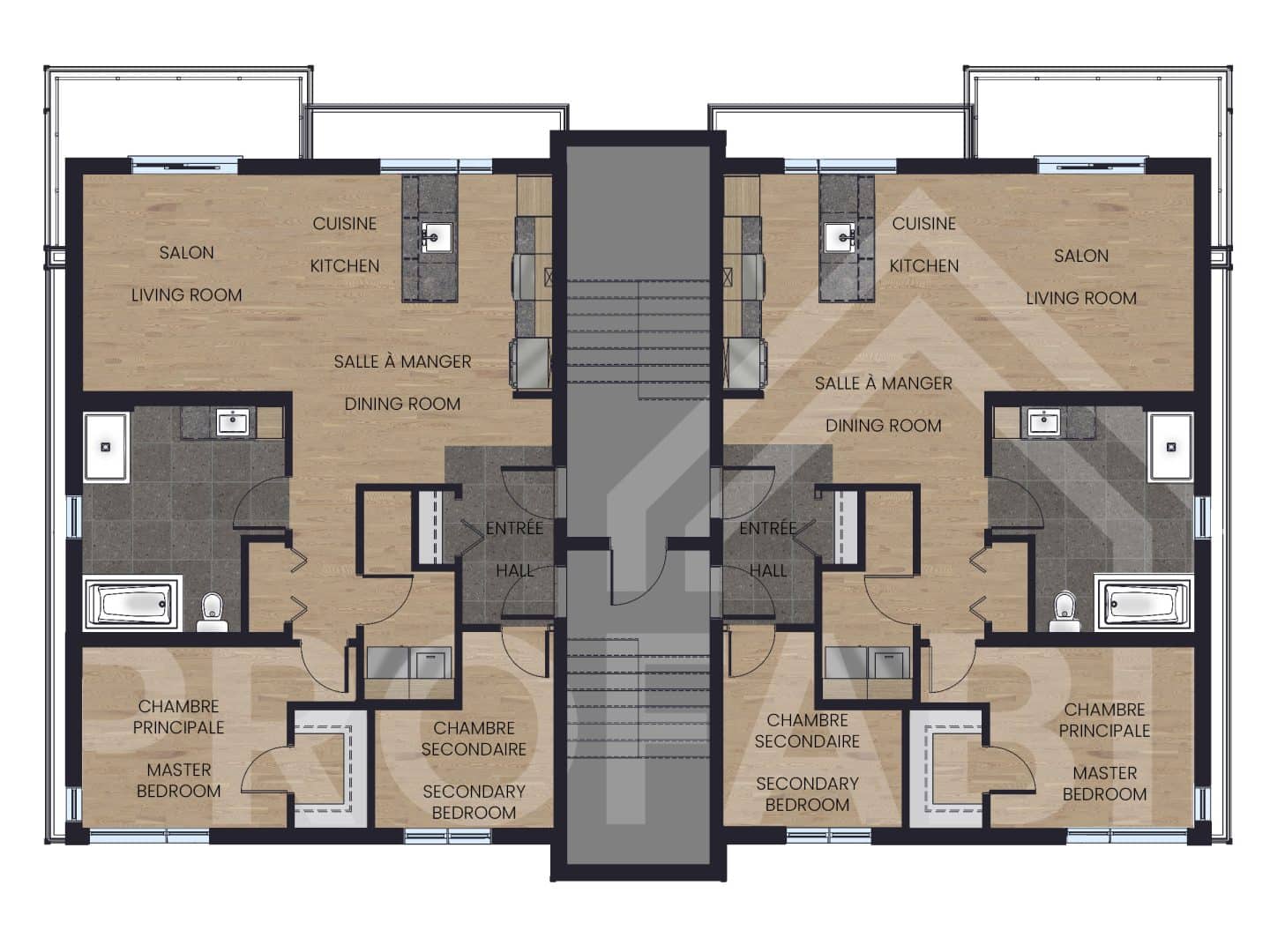 Modèle de multilogement nommé Vinkel-6, des logements qui ont un style contemporain. Vue du plan 2D de l'étage.