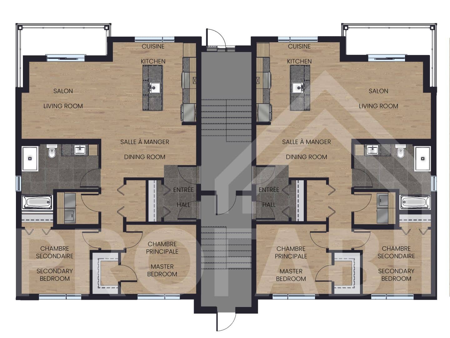 Modèle de multilogement nommé Vinkel-6, des logements qui ont un style contemporain. Vue du plan 2D rez-de-chaussée.