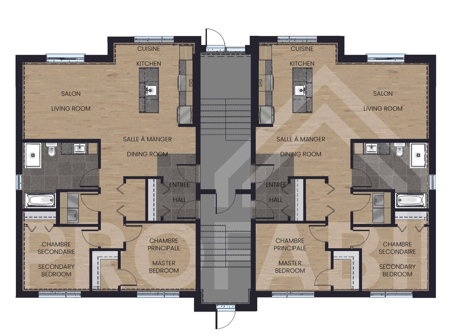 Modèle de multilogement nommé Vinkel-6, des logements qui ont un style contemporain. Vue du plan 2D du sous-sol.