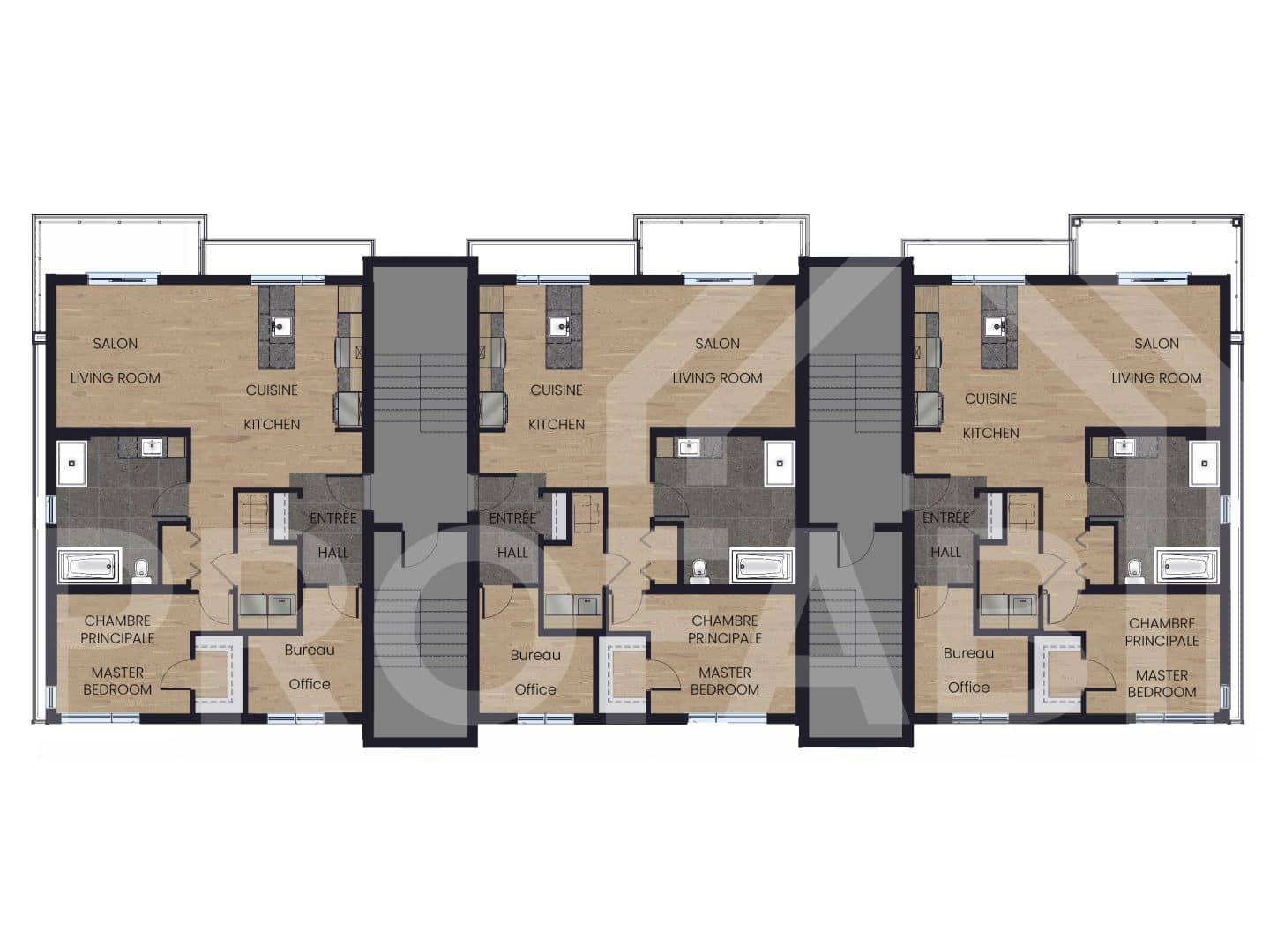 Modèle de multilogement nommé Vinkel-9, des logements qui ont un style contemporain. Vue du plan 2D de l'étage.