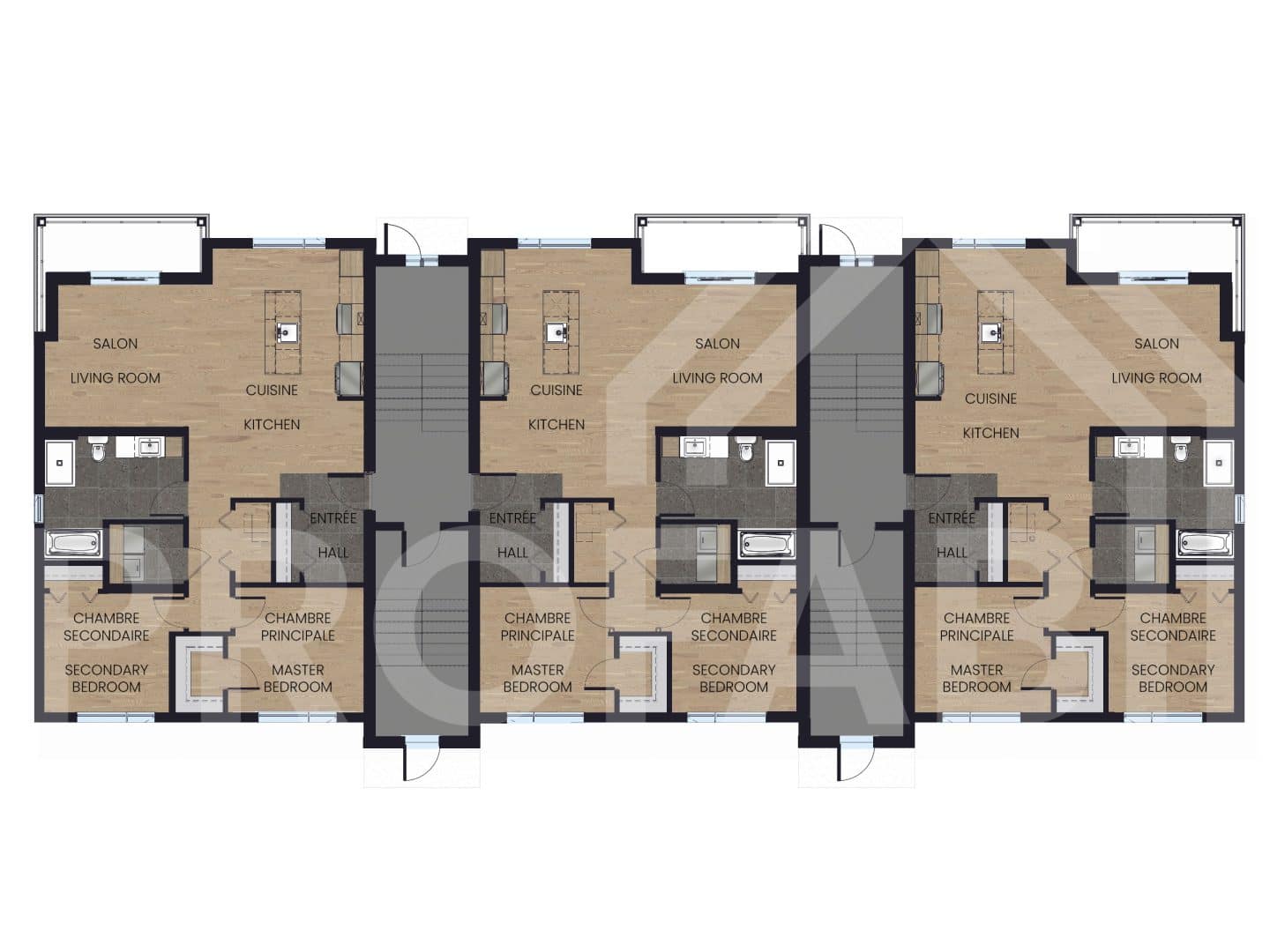 Modèle de multilogement nommé Vinkel-9, des logements qui ont un style contemporain. Vue du plan 2D du rez-de-chausée.