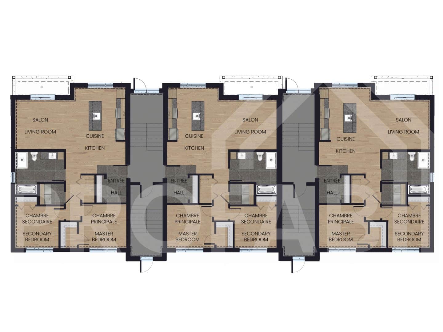 Modèle de multilogement nommé Vinkel-9, des logements qui ont un style contemporain. Vue du plan 2D du sous-sol.