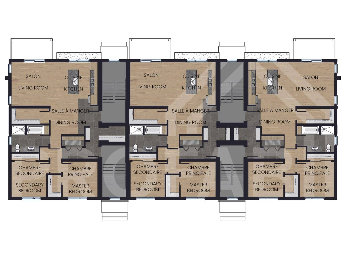 Modèle de multilogement nommé Vinkel-12, des logements qui ont un style contemporain. Vue du plan 2D du troisième étages.