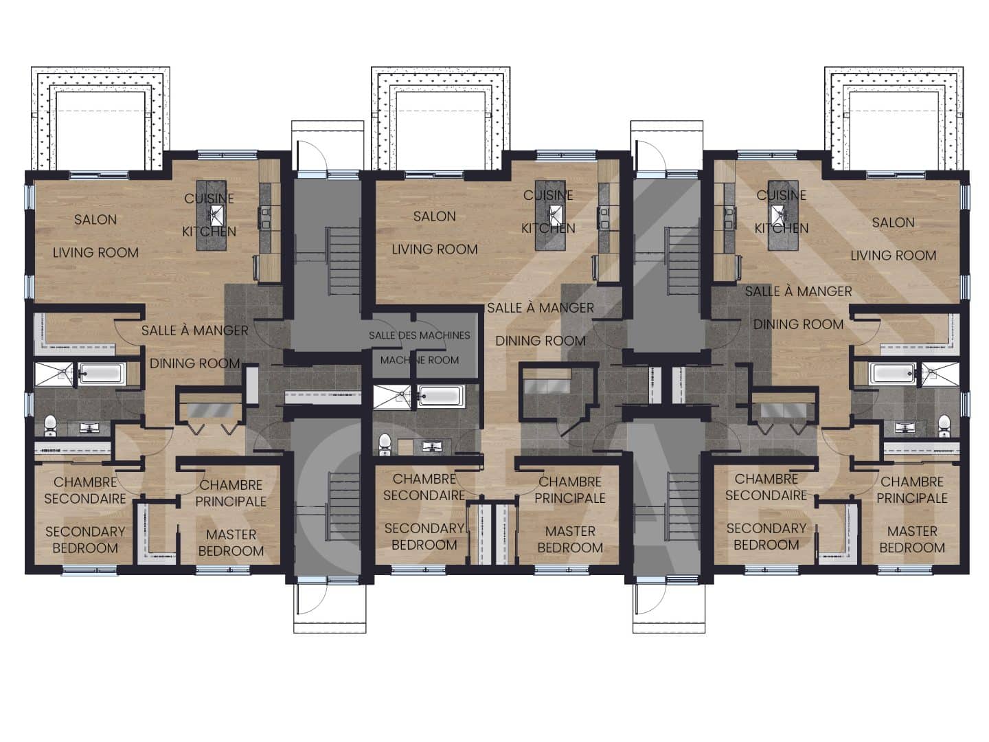 Modèle de multilogement nommé Vinkel-12, des logements qui ont un style contemporain. Vue du plan 2D du sous-sol.