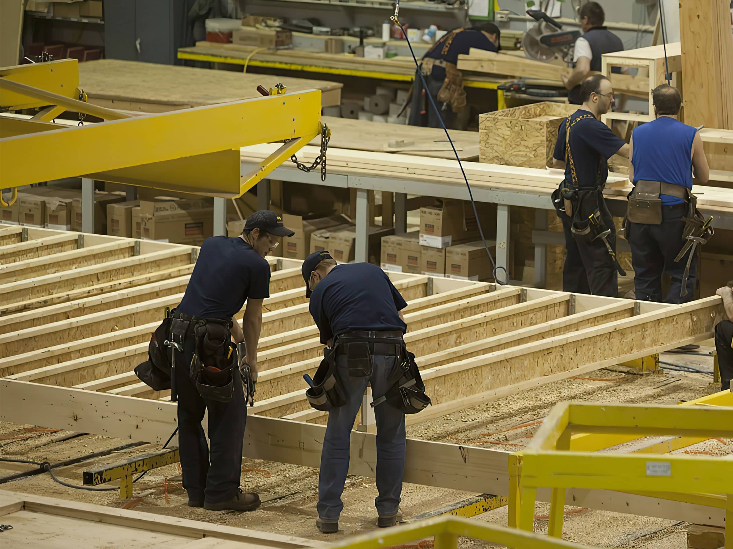 Deux menuisiers en train de travailler dans une usine.