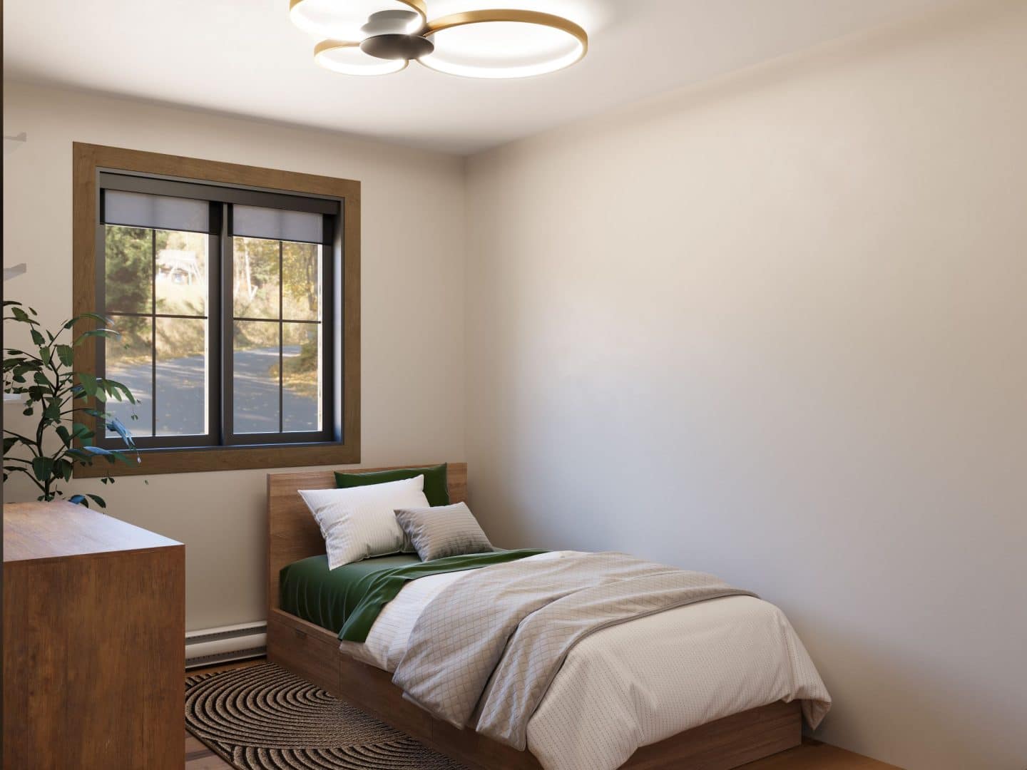 Harfang home model, a classic single-story cottage. View of the secondary bedroom.