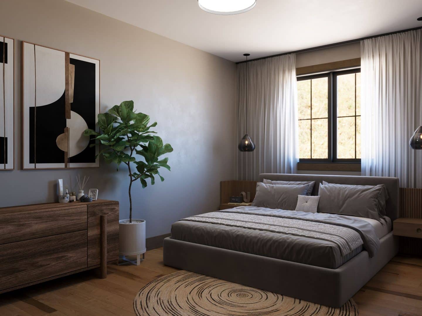Harfang home model, a single-story chalet in classic style. View of the master bedroom.
