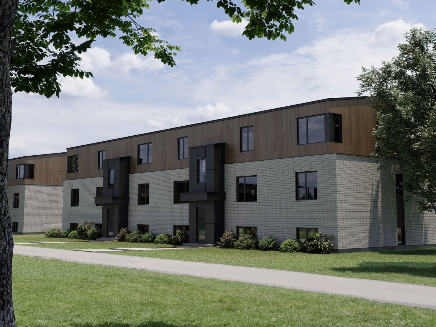 Modèle de multilogement nommé Vinkel-9, des logements qui ont un style contemporain. Vue de l'extérieur arrière.