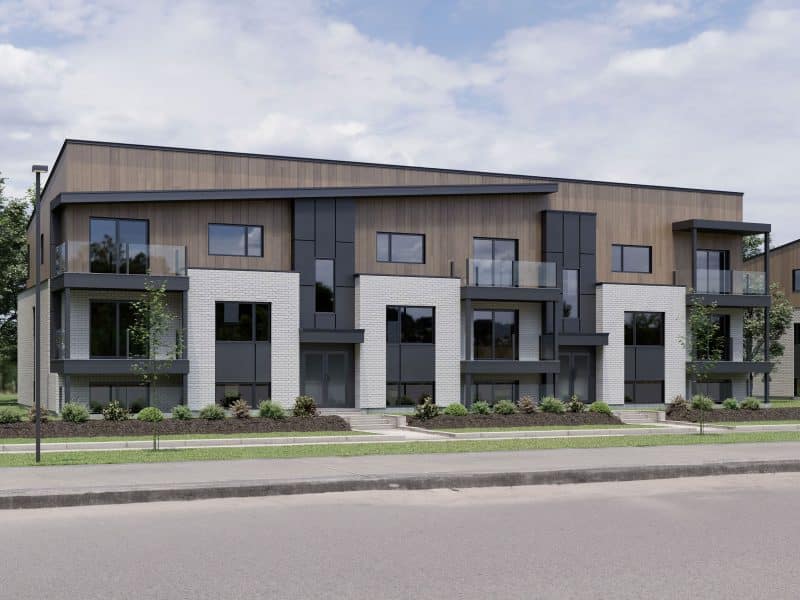 Modèle de multilogement nommé Vinkel-9, des logements qui ont un style contemporain. Vue de l'extérieur.
